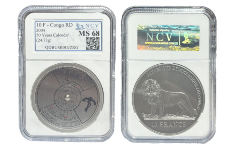 República Democrática del Congo 10 Francos 2004 Calendario Rotativo 50 Años SC Encapsulada NCV MS68