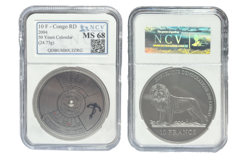 República Democrática del Congo 10 Francos 2004 Calendario Rotativo 50 Años SC Encapsulada NCV MS68