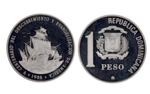 República Dominicana 1 Peso 1988 V Centenario Descubrimiento y Evangelización de América PROOF Certificada NCV PF62