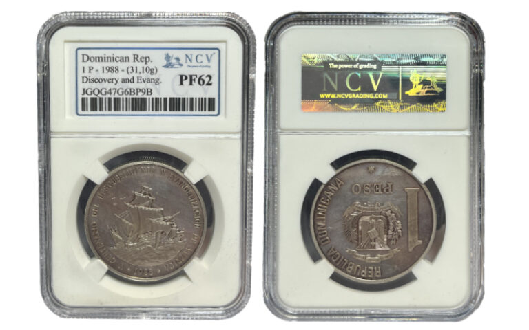 República Dominicana 1 Peso 1988 V Centenario Descubrimiento y Evangelización de América PROOF Certificada NCV PF62