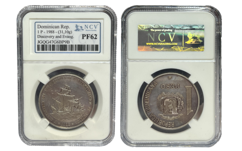 República Dominicana 1 Peso 1988 V Centenario Descubrimiento y Evangelización de América PROOF Certificada NCV PF62