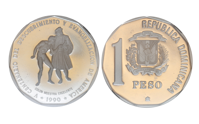 República Dominicana 1 Peso 1990 V Centenario Descubrimiento y Evangelización de América PROOF Encapsulada NCV PF64