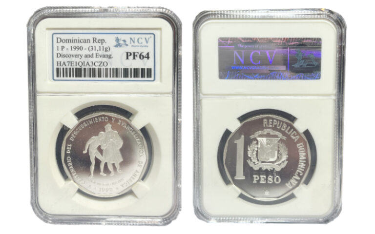 República Dominicana 1 Peso 1990 V Centenario Descubrimiento y Evangelización de América PROOF Encapsulada NCV PF64
