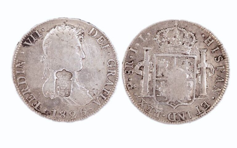 Fernando VII 8 Reales 1825 Potosí JL Resello de Portugal BC