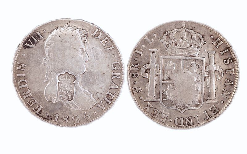 Fernando VII 8 Reales 1825 Potosí JL Resello de Portugal BC