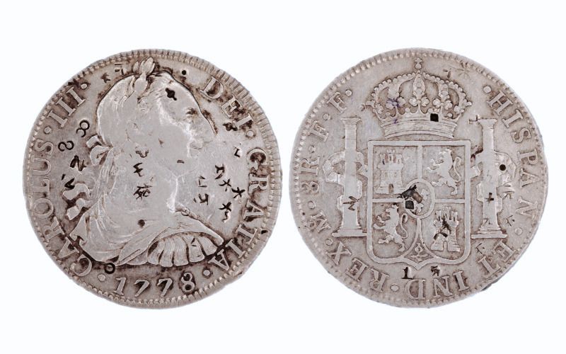 Carlos III 8 Reales 1778 México FF Resellos orientales BC-MBC