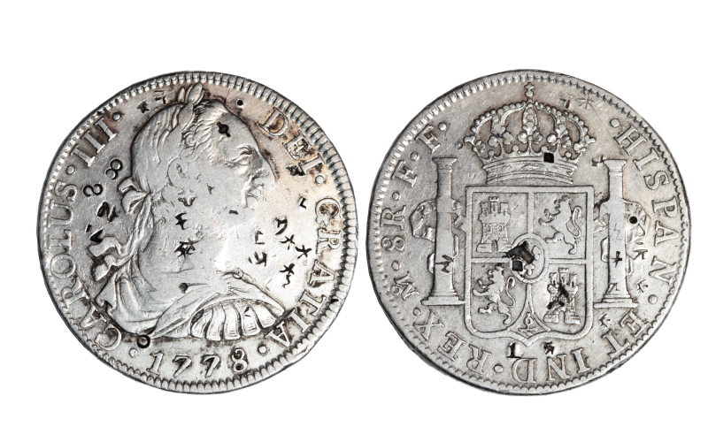 Carlos III 8 Reales 1778 México FF Resellos orientales BC-MBC