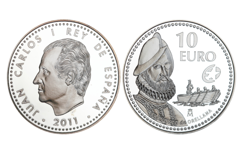 España 10 Euros 2011 VIII Serie Programa Europa - Francisco de Orellana rev. manchita PROOF
