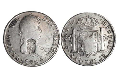 Fernando VII 8 Reales 1825 Potosí JL Resello de Portugal BC