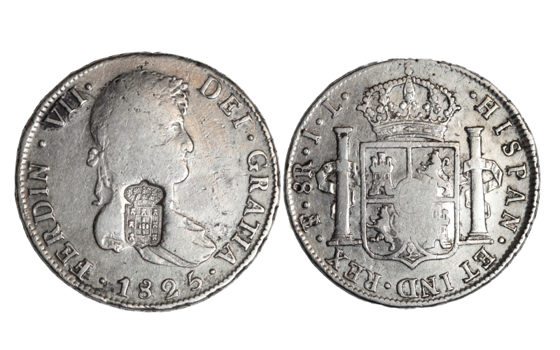 Fernando VII 8 Reales 1825 Potosí JL Resello de Portugal BC