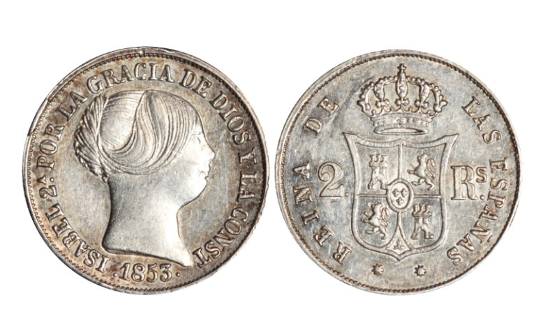 Isabel II 2 reales 1853 Barcelona Leve rayita en anv. EBC-SC