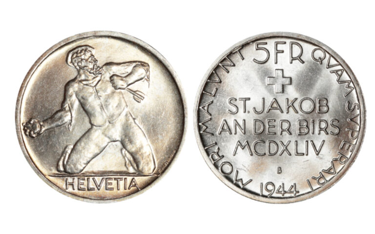 Suiza 5 Francos 1944 500 Aniversario Batalla de St. Jakob an der Birs SC