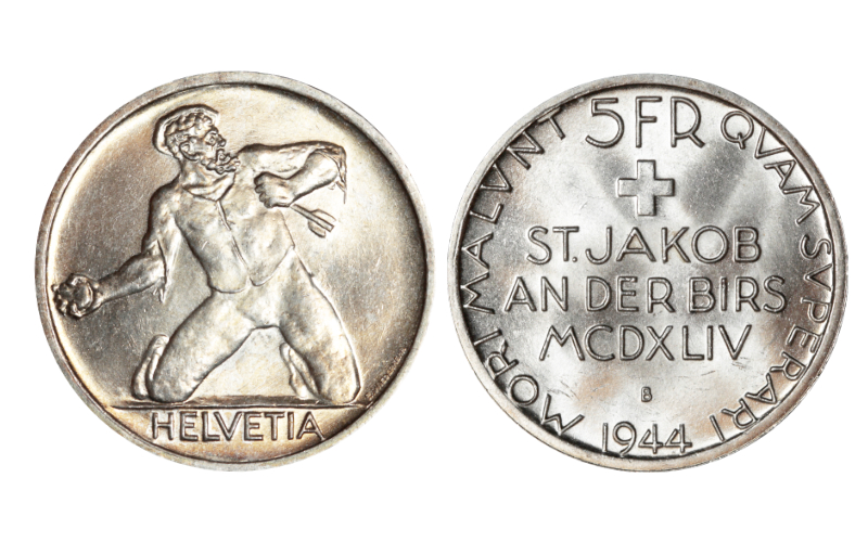 Suiza 5 Francos 1944 500 Aniversario Batalla de St. Jakob an der Birs SC