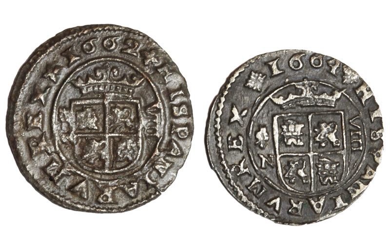 Lote 8 Maravedís Felipe IV Granada 1662 y 1664 Falso de época