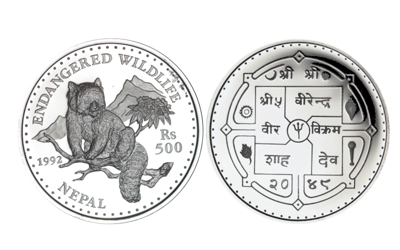 Nepal Birendra Bir Bikram 500 Rupias 1992 Panda rojo PROOF