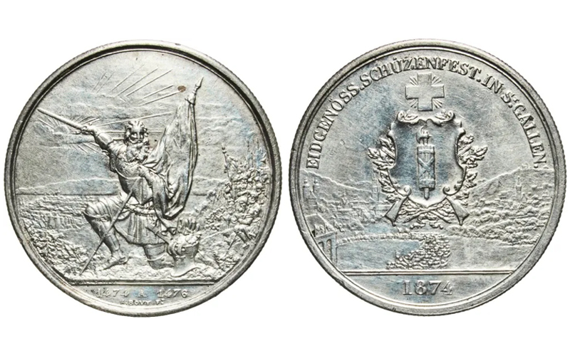 Suiza 5 Francos 1874 Festival de Tiro de San Gall EBC+