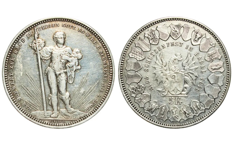 Suiza 5 Francos 1879 Festival de Tiro de Basilea EBC-