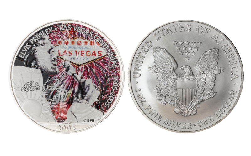 Estados Unidos 1 Dólar (1oz. 999) 2005 Elvis Presley Centenario Las Vegas 1905-2005 Color SC