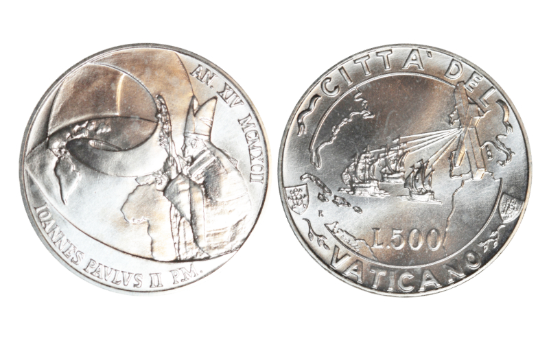 Vaticano Juan Pablo II 500 Liras 1992 Evangelización de América BU