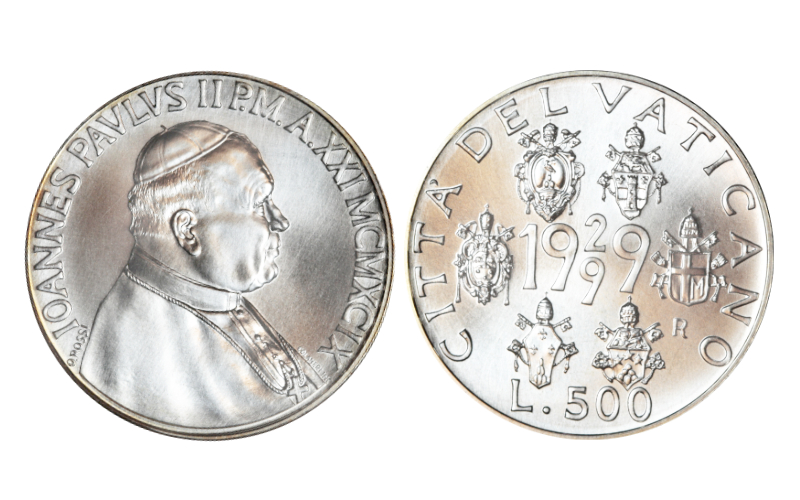 Vaticano Juan Pablo II 500 Liras 1999 70 Aniversario del Tratado Letrán BU