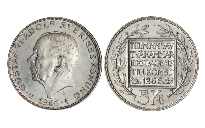 Suecia Gustav Adolf VI 5 Coronas 1966 Centenario de la Reforma Constitucional EBC