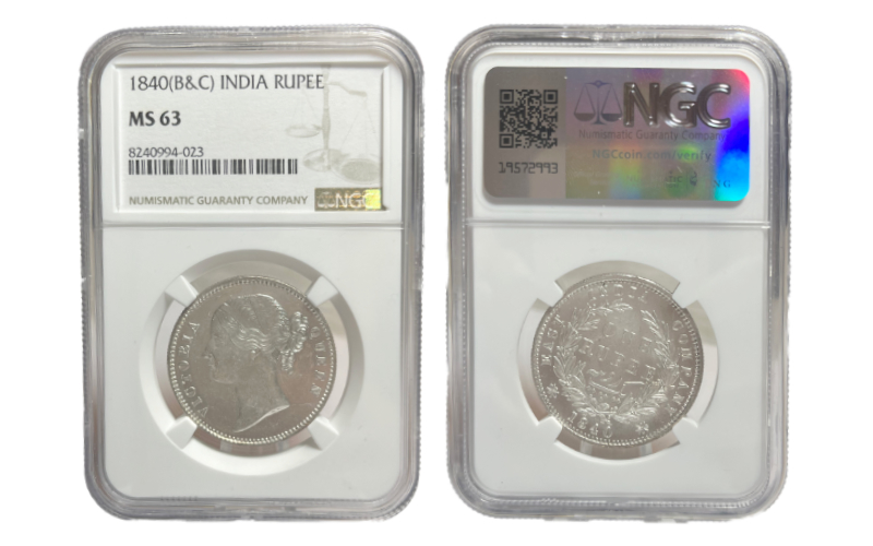 Compañía de las Indias Orientales Reina Victoria 1 Rupia 1840 Certificada NGC MS63 SC