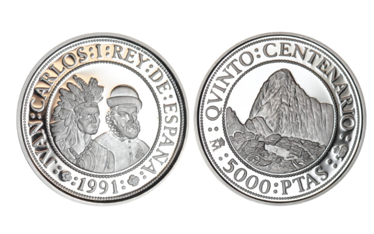 España 5.000 Pesetas 1991 V Centenario Pizarro y Atahualpa PROOF