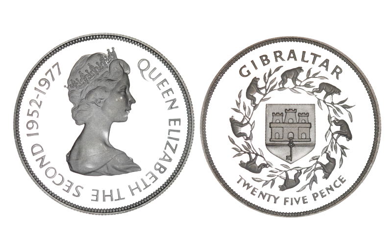 Gibraltar 25 Peniques 1977 25 Aniversario llegada al trono Isabel II PROOF